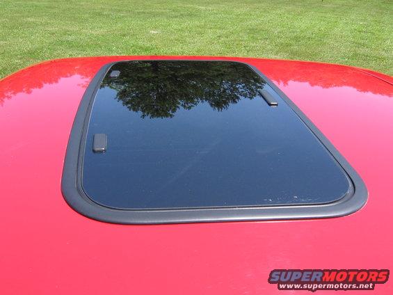 Red car roof with a black sunroof, reflection of trees visible