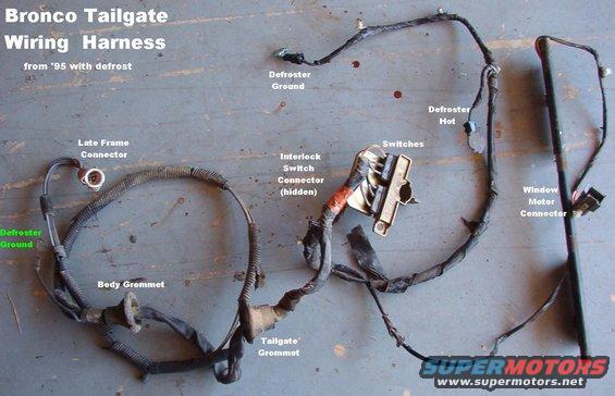 tgharness95.jpg Tailgate Wiring Harness from a '95 Bronco with defrost.

[url=http://www.supermotors.net/registry/media/930203][img]http://www.supermotors.net/getfile/930203/thumbnail/tgwiring.jpg[/img][/url]

The round white connector was introduced for the frame connection in '92.  From ~'87-91, the t/g wiring was integrated with the taillight wiring and used an 8-pin round connector at the frame. Before that, the 3-blade connector was behind the L taillight, with an extra 1-blade connector for defrost power & a ring terminal for defrost ground.  The white style shown here is inboard of the L frame rail between the bumper & the gas tank rear crossmember.

Before ~'83, the interlock switch connector was at the center mechanism, so it was on a take-out near the motor connector.  To bypass the interlock (meaning that the glass can be moved when the tailgate is NOT aligned with the camper shell), just install a jumper wire between its terminals.  But it's better to leave it working properly and align the tailgate so that the L latch works properly.  For a writeup on installation & alignment, read [url=http://www.fourdoorbronco.com/board/showthread.php?t=5224]this thread[/url].

To add a simple self-diagnostic capability, wire a 12V lamp across the latch safety switch terminals, and mount it in the tailgate shell above the lock cylinder in the inside sill (through a carpet retainer hole if present).  If either control switch is activated, and the only thing preventing the glass from moving is the safety switch, the lamp will light and be visible to a person using either switch.