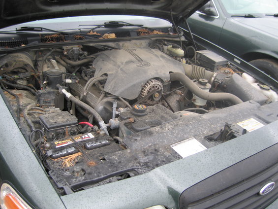 engine bay of a Ford Crown Victoria, hood up, showing engine and battery. Another Crown Victoria is parked next to it