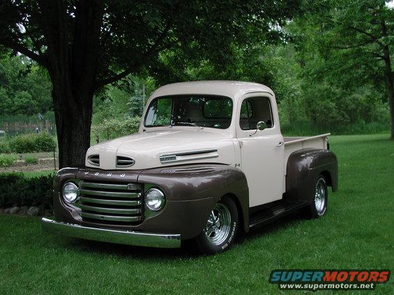 Two-tone 1948 Ford F-Series pickup truck, front 3/4 view, beige and brown