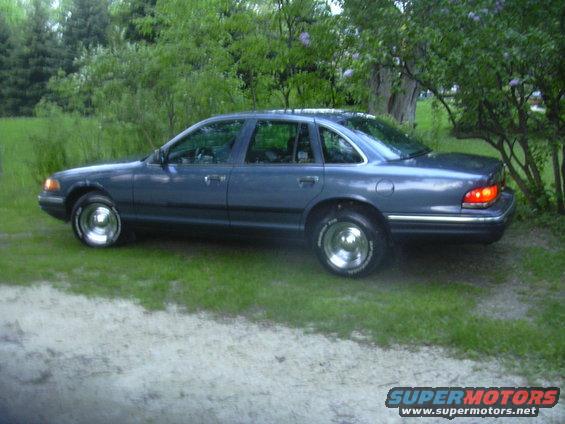 Blue sedan parked on grass next to trees