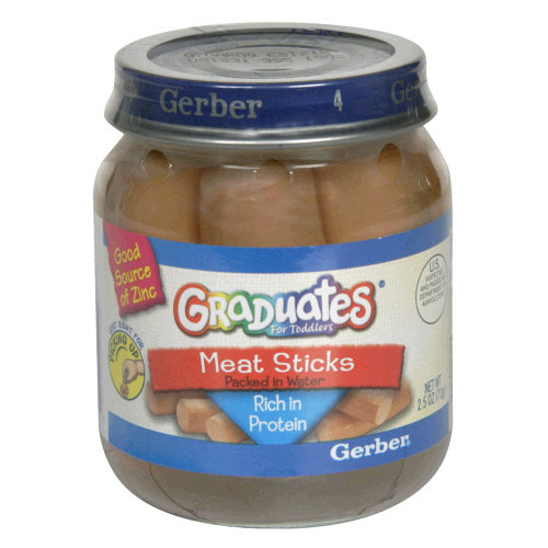 Glass jar of Gerber Graduates Meat Sticks, packed in water, with a blue lid and label