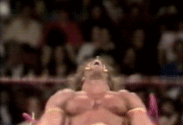 wrestler screaming in a wrestling ring with crowd blurred in background