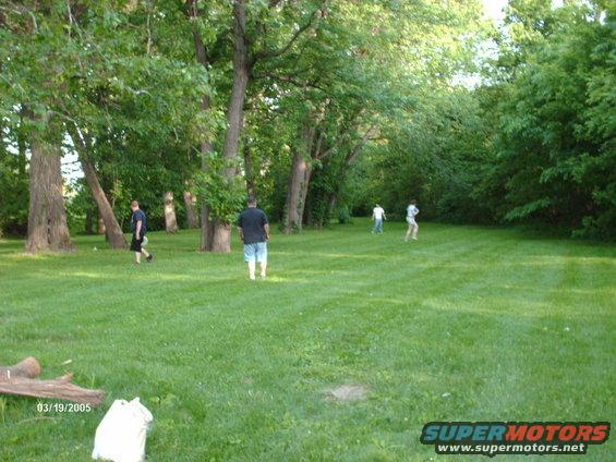 People walking on a grassy field with trees in the background
