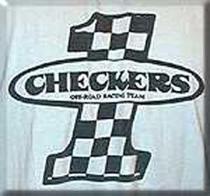 White t-shirt with a black and white checkered flag logo that says "Checkers Off-Road Racing Team"