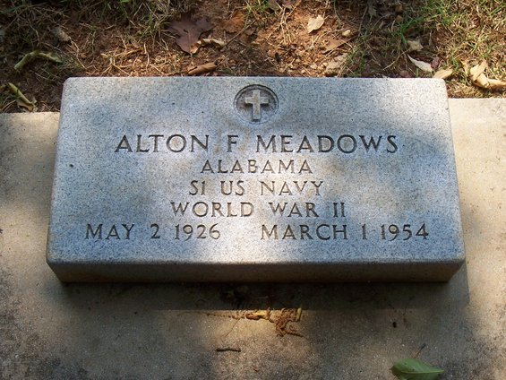 Gravestone for Alton F. Meadows, S1 US Navy, World War II, born May 2, 1926, died March 1, 1954