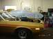 1972 Ford Ranchero - A gold 1972 Ford Ranchero with an orange stripe is parked in a garage with its hood open, another car covered in the background.