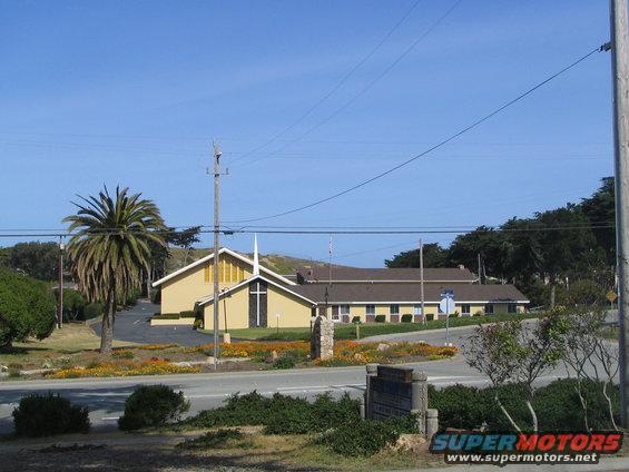 Yellow church building with a steeple, palm tree, and flower beds in front