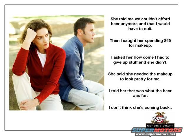 Couple sitting apart, text about beer and makeup