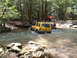 1991 Ford Bronco - A yellow SUV navigates a rocky riverbed surrounded by trees.