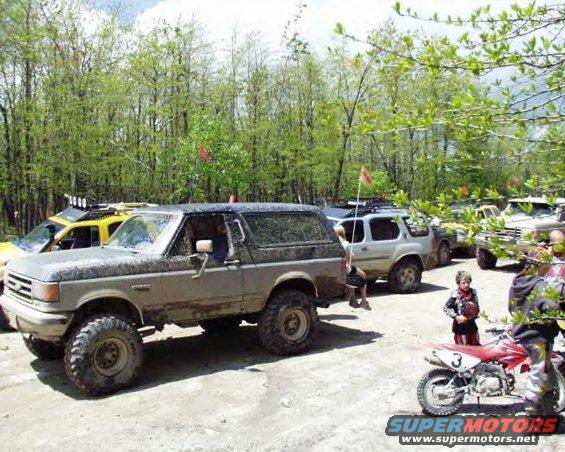 Mud-covered gray Ford Bronco with a black top, seen from the front-right