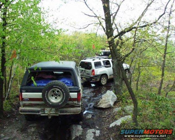 Ford Bronco and Nissan Xterra on a muddy trail with trees around