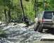 1991 Ford Bronco - Two Ford Broncos navigate a rocky, wooded trail, kicking up dust as they go.
