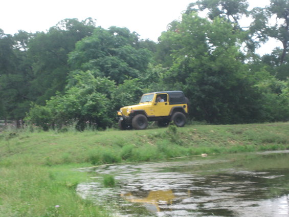 Yellow 2001 Jeep Wrangler with a black top parked on a grassy incline next to a pond