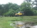 2001 Jeep Wrangler - A yellow Jeep Wrangler is parked on a grassy hill overlooking a body of water with trees in the background.