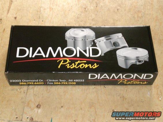 Diamond Pistons box with piston images and address