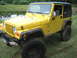 2001 Jeep Wrangler - Mud-splattered yellow 2001 Jeep Wrangler with a black hardtop sits by a body of water.