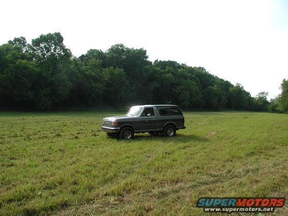 1989 Ford Bronco parked in a wide, grassy field with trees in the background