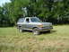 1989 Ford Bronco - This two-tone gray Ford Bronco is parked in a field of dry grass, with a line of trees behind it.