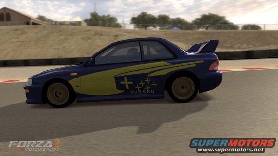 Blue Subaru Impreza WRX STI coupe with yellow graphics on a racetrack
