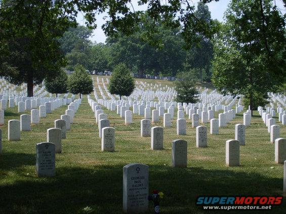 Arlington National Cemetery scene with rows of white headstones