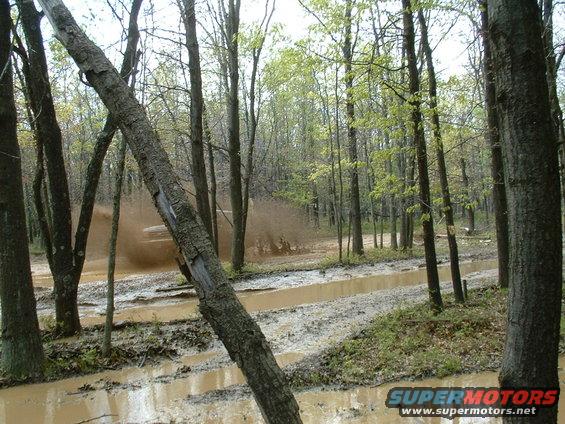 Off-road vehicle splashing mud on a wooded trail