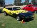 2002 Ford Mustang - Customized black and yellow convertible with flame graphics parked on grass next to a red coupe.