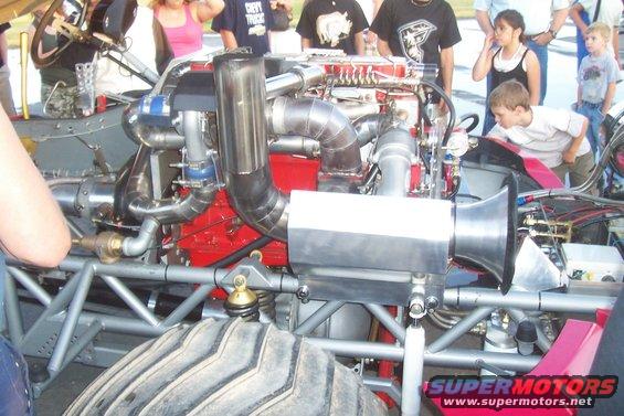 Custom monster truck engine with large intake and turbochargers