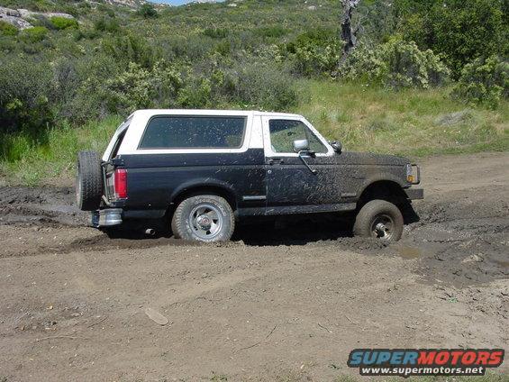 Muddy black and white Ford Bronco stuck in dirt, spare tire on rear door