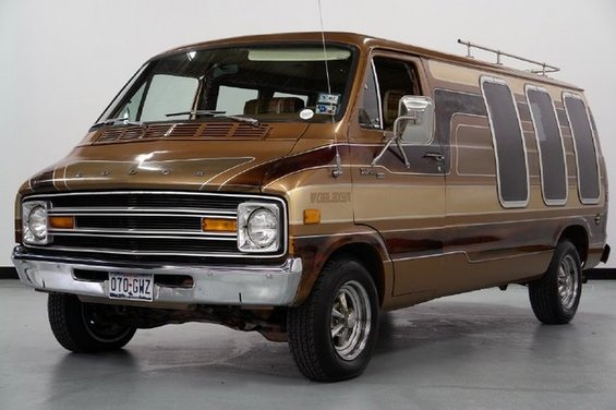 Brown Dodge van with custom stripes and windows. License plate reads 070-GWZ