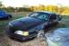 1992 Ford Mustang - A black Ford Thunderbird sits damaged in a grassy lot next to a blue pickup truck.