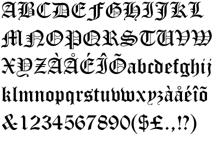 Text sample with uppercase and lowercase letters, numbers, and symbols in a gothic font