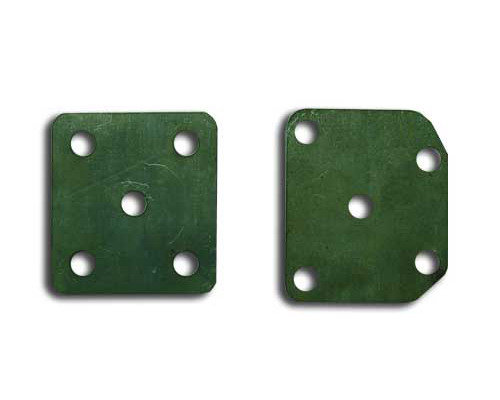 Two green metal plates with five holes each, one with a beveled corner