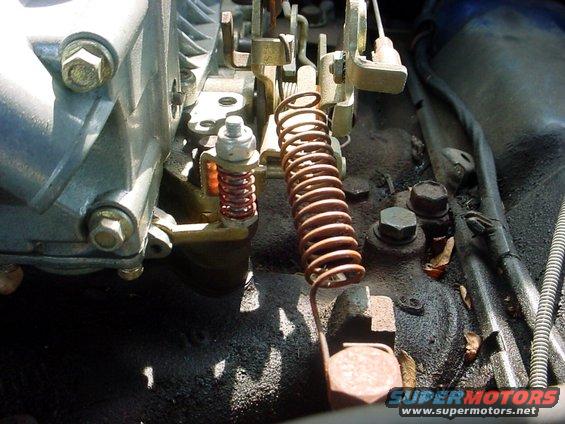Close-up of carburetor linkage with two coiled springs