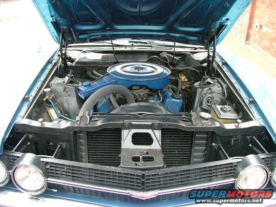 Blue 1970 Ford Ranchero engine bay with V8 engine and air cleaner
