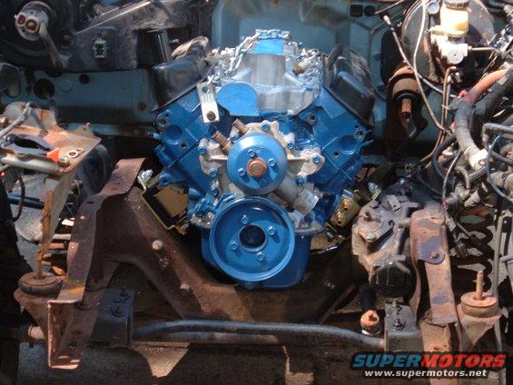 Blue engine installed in vehicle chassis