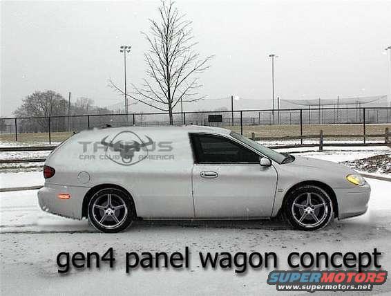 Silver panel wagon concept car side view in snow, with 'Taurus Car Club America' logo on the side
