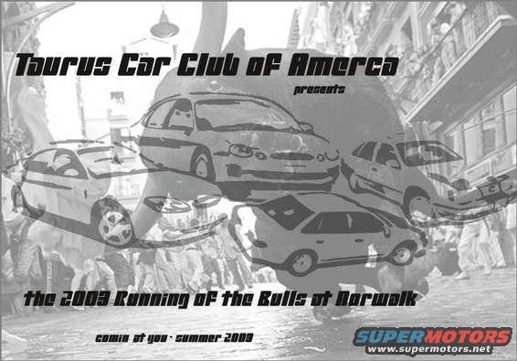 Poster for Taurus Car Club of America's 2003 Running of the Bulls at Norwalk event, multiple car illustrations