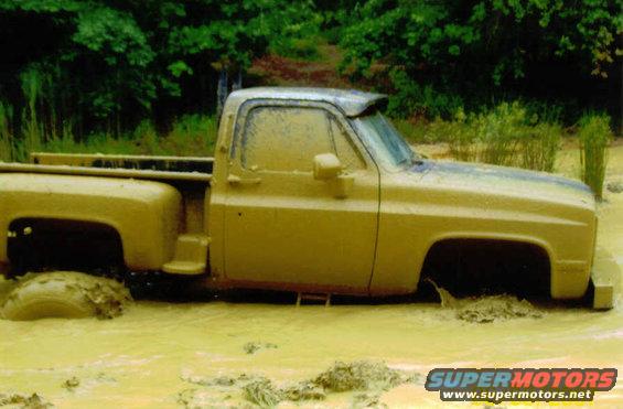 Mud-covered pickup truck stuck in water, with trees in the background