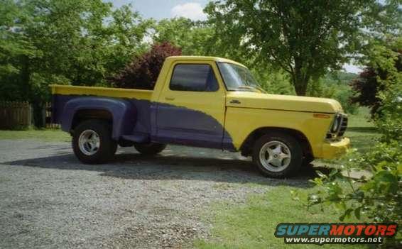 Yellow and purple Ford F-Series pickup truck, likely 1977 model year