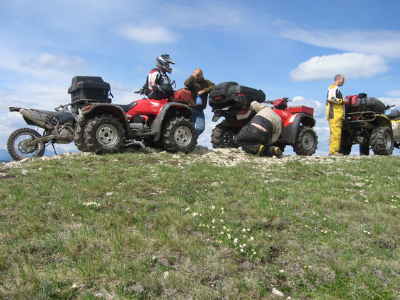 Red 2004 Honda TRX 350 FE ATV with a dirt bike attached to its rear rack, parked on a grassy hill