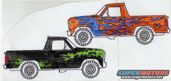 Drawing of a black pickup truck with green flames and an orange pickup truck with blue and purple flames