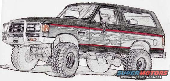 Lifted Ford Bronco with a brush guard, flame decals, and large off-road tires