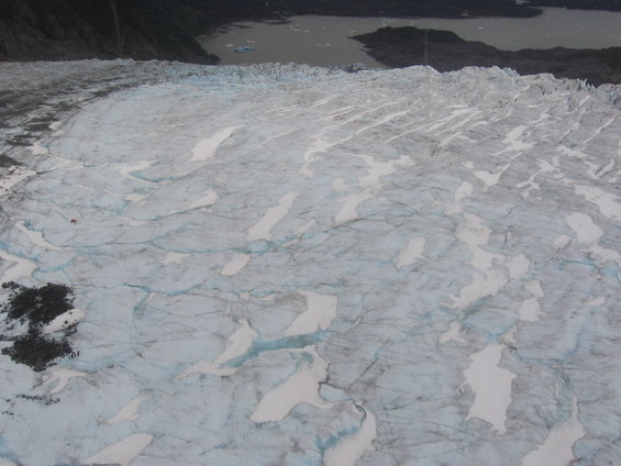 Glacier ice with blue crevasses and patches of snow, leading to a dark lake and forested hills