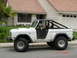 1996 Ford Bronco - White 1970s Ford Bronco with a black soft top and roll cage parked on a street.