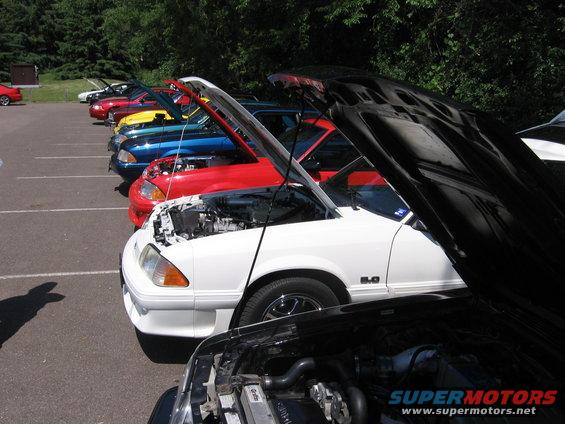 White 1987-1993 Ford Mustang with hood open, showing '5.0' badge, parked in a line with other cars