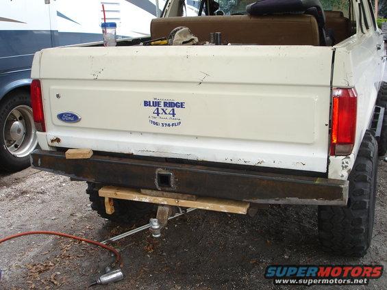 1989 Ford Bronco rear bumper with a Blue Ridge 4x4 sticker and a custom metal bumper installed
