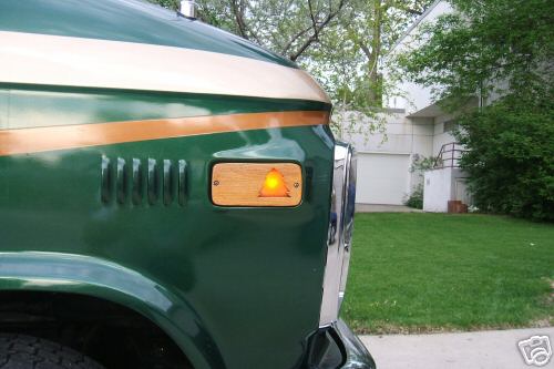 Green van with wood trim and amber turn signal, chrome bumper, front view