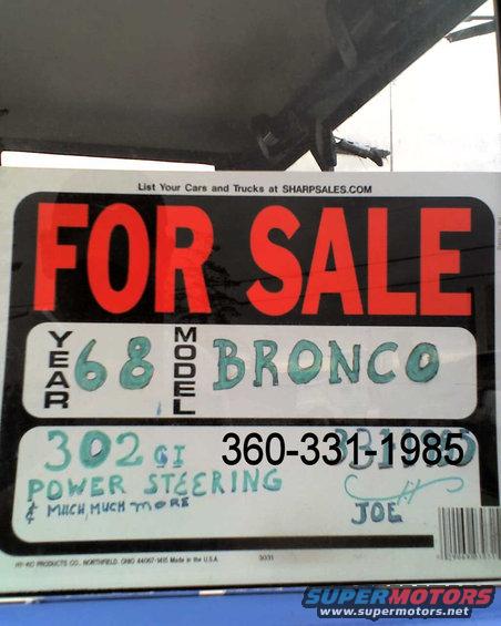 For Sale sign for 1968 Bronco with phone number 360-331-1985