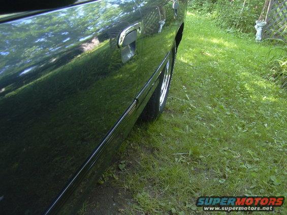 Dark sedan side view, showing door handle and rear wheel well. Grass and trees reflected on the car